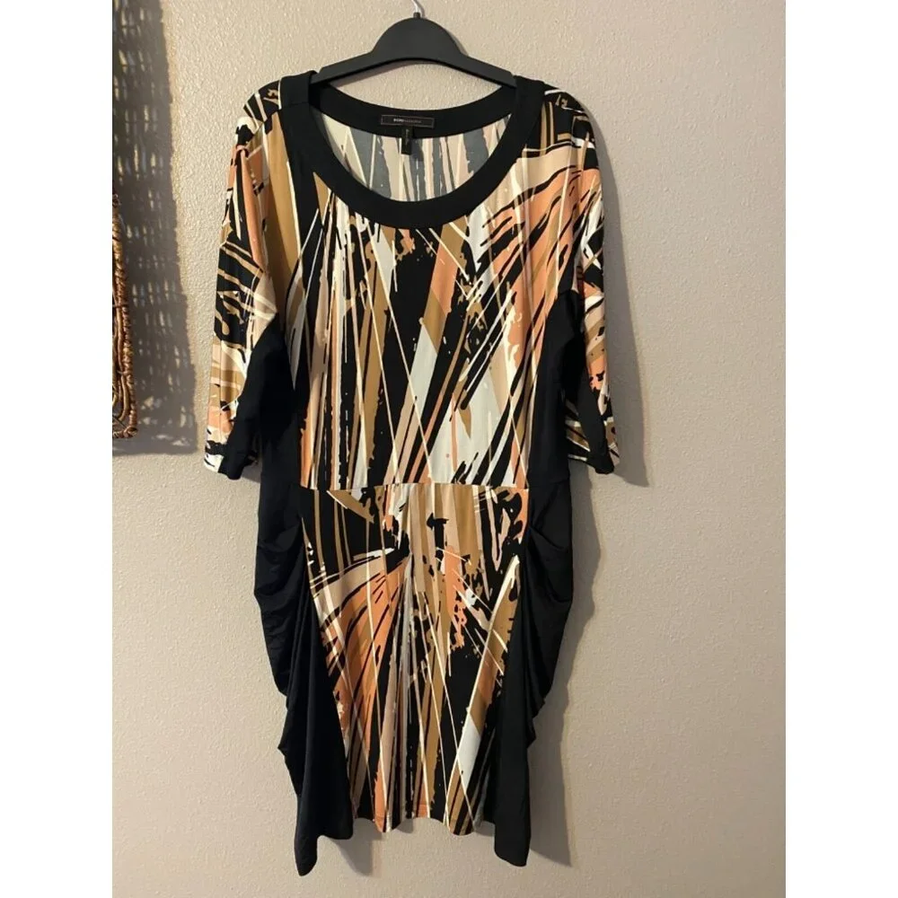 BCBGMaxAzria Dress Orange Black White L Large Stretch 3/4 Long Sleeve Washable